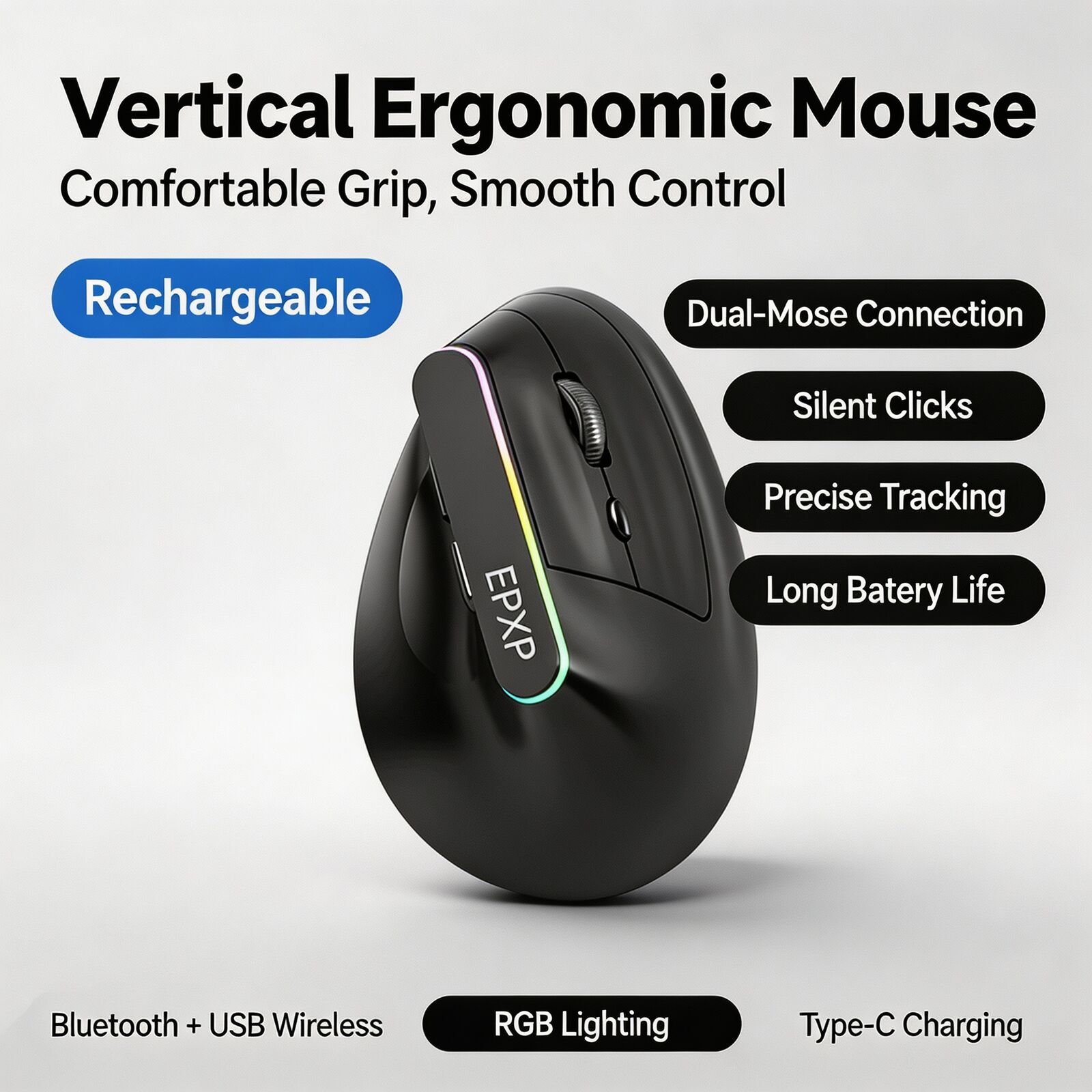 Ergonomic Mouse 2.4G Silent Click - Souris ergonomique verticale, Bluetooth 5.0 et