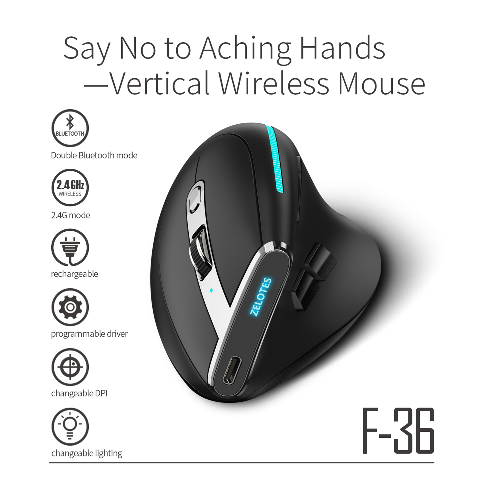 Vertical Mouse Rechargeable Bluetooth - Souris verticale sans fil ZELOTES F-36